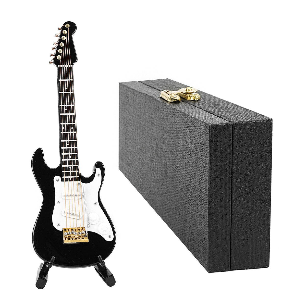 Musiin Guitarra en miniatura con soporte y estuche, mini guitarra eléctrica de 6 cuerdas, instrumentos musicales, modelo de casa de muñecas en miniatura, decoración del hogar (negro)