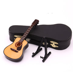 Musiin Guitarra en miniatura con soporte y estuche, mini guitarra acústica de 6 cuerdas, instrumentos musicales, modelo de casa de muñecas en miniatura, decoración del hogar (madera)