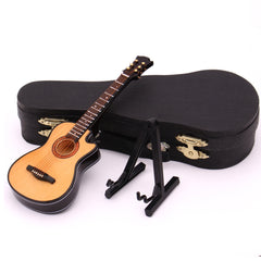 Musiin Guitarra en miniatura con soporte y estuche, mini 6 cuerdas guitarra acústica recortada instrumentos musicales miniatura casa de muñecas modelo decoración del hogar (madera)