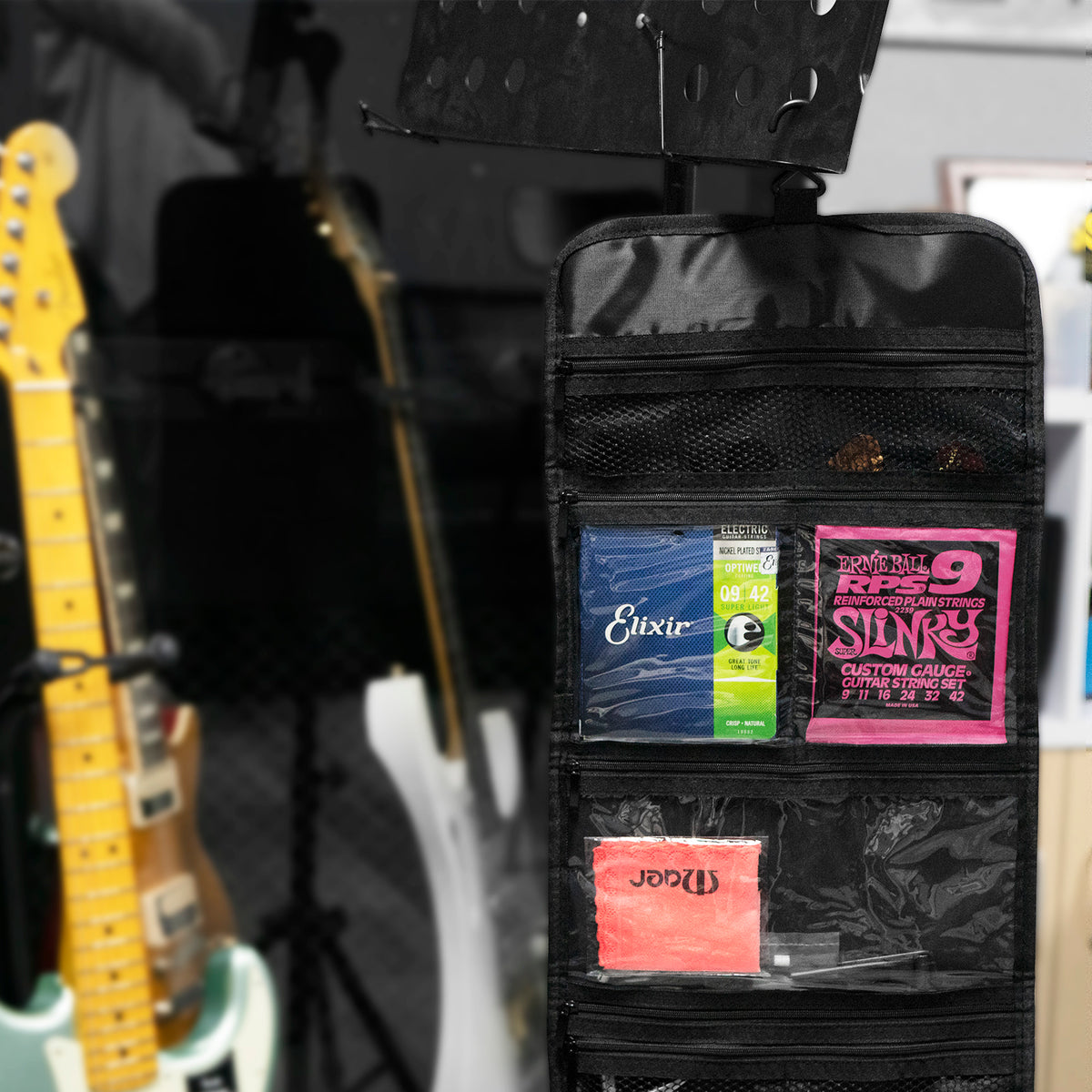 Musiin Guitar Accessory Organizer Bag, Foldable Easy Access Pockets Case, Picks, Strap, Capo, Strings Holder Storage (Iron)